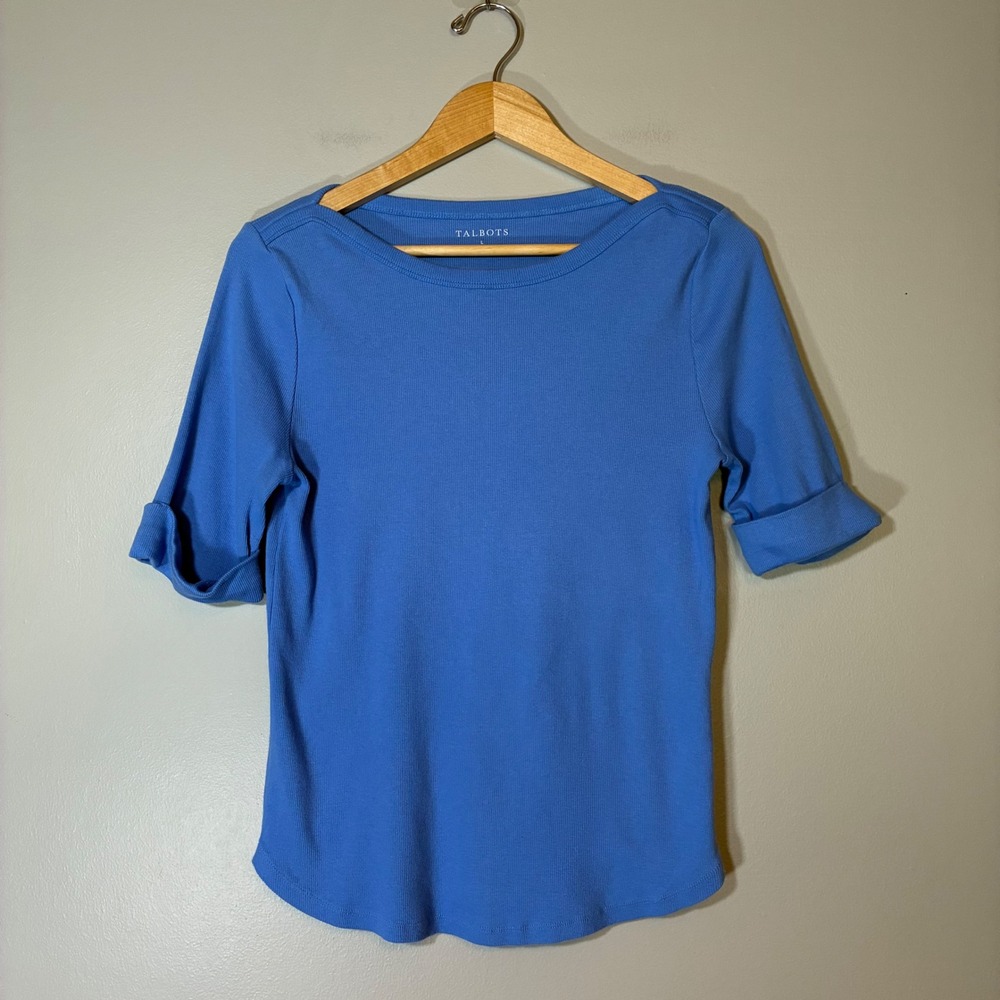 Talbots Womens Blue Ribbed Boat Neck Elbow Sleeve Knit Top Size L
